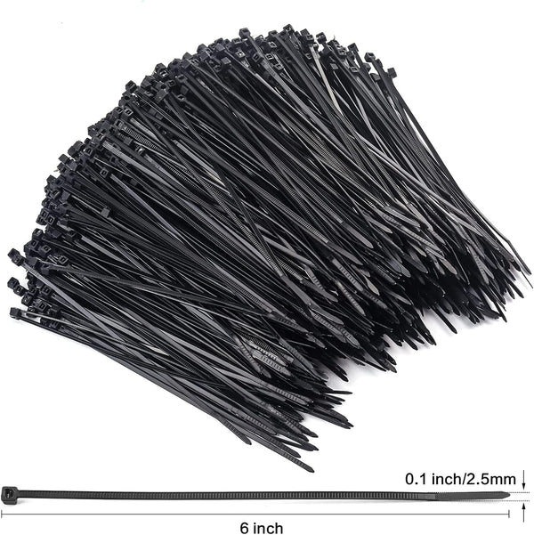 1000 Pcs Zip Ties, 6 Inch Self-Locking Nylon Cable Ties, Premium Heavy Duty Plastic Wire Ties Wraps for Indoor and Outdoor (Black) 6" Black