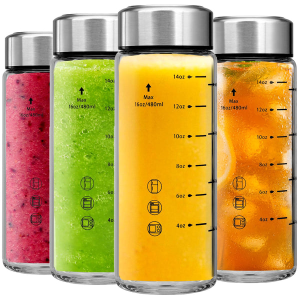 Glass Juice Bottles 4 Pack 16 Oz - Wide Mouth Glass Water Bottles with Lids - Borosilicate,Stainless Steel Lids for Juicing, Smoothies, Infused