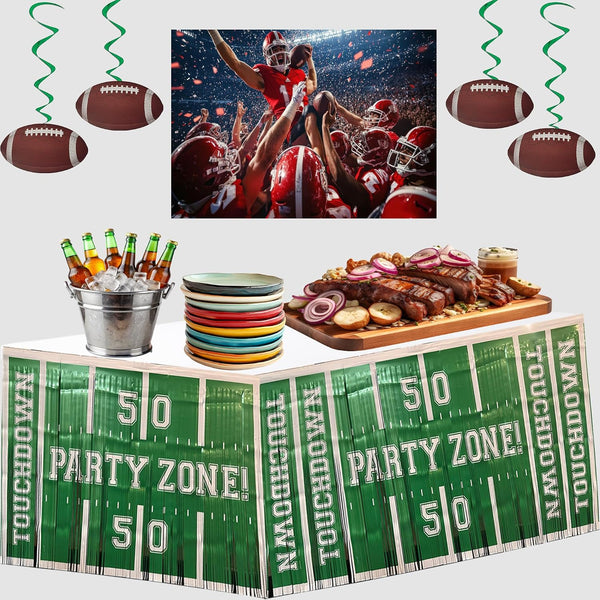 3 Pack Football Party Zone Metallic Fringe Table Skirt, Green and White, 50 Yard Line Design, Game Day Decoration, Footbale Table Decoration