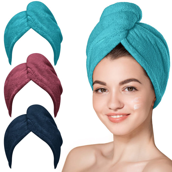 Hicober Microfiber Hair Towel Wrap for Women, Plum Navy Aqua Green, 3-Pack Plum,navy,aqua Green Large