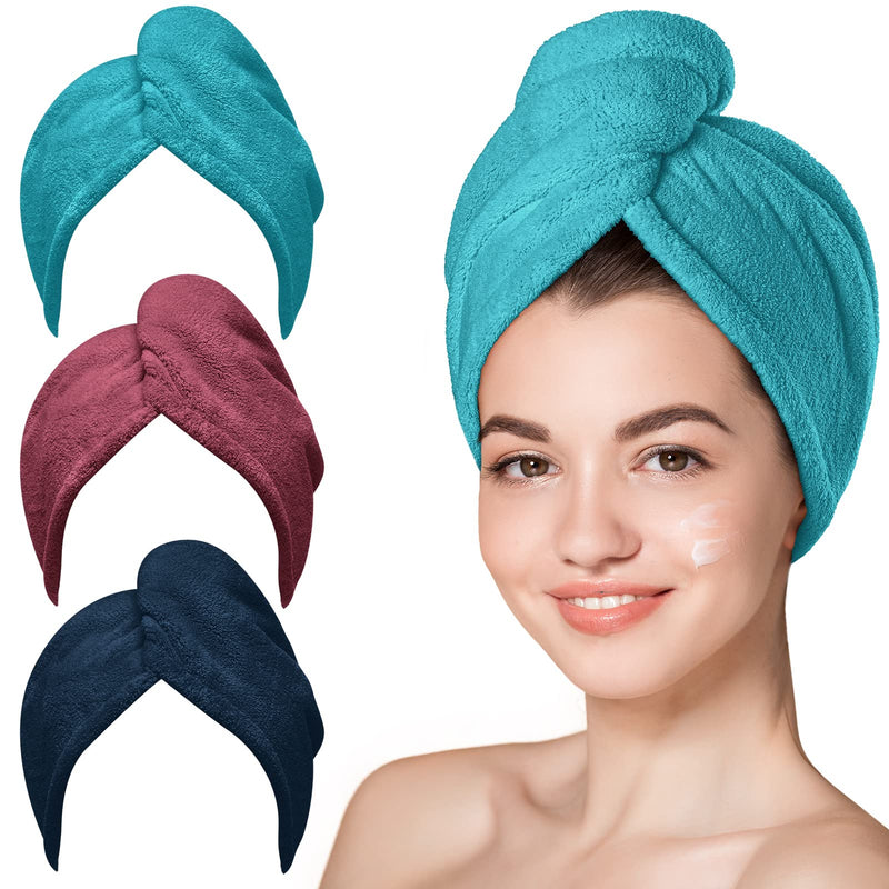 Hicober Microfiber Hair Towel Wrap for Women, Plum Navy Aqua Green, 3-Pack Plum,navy,aqua Green Large