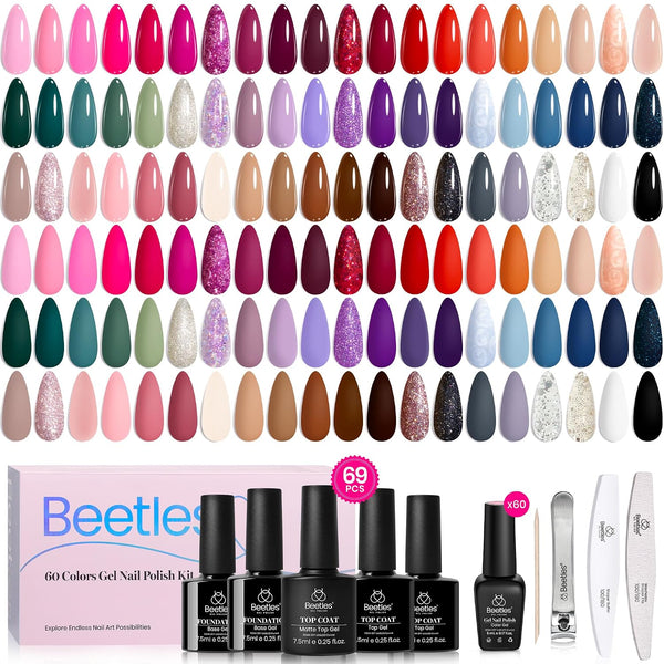 Beetles Gel Nail Polish Set, Transcendent Allure 60 Colors Gel Polish Kit | Orange Burgundy Red Green Brown Blue White Black Purple Glitter, Base