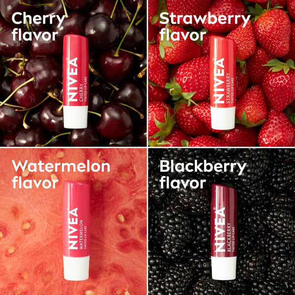 NIVEA Lip Care, Fruity Tinted Lip Balm Variety Pack, Cherry, Strawberry, Blackberry and Watermelon Flavors, 3-In-1 Moisture, Repair and Color,