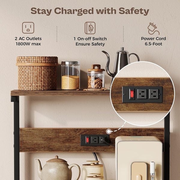 SUPERJARE Kitchen Bakers Rack with Power Outlet, Coffee Bar Table 4 Tiers, Kitchen Microwave Stand with 6 S-shaped Hooks, Storage Shelf Rack for