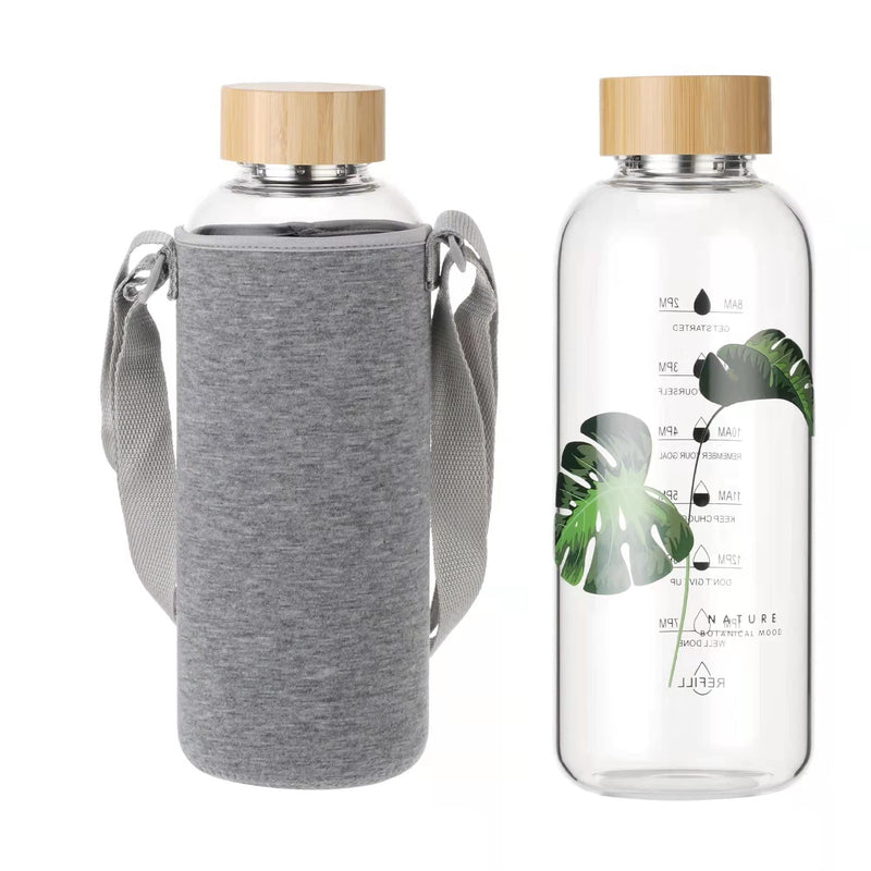 50 Oz Glass Water Bottle Wide Mouth with Time Markers, Bamboo Lid, Neoprene Sleeve Bpa Free