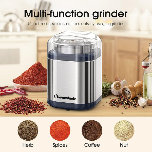 Hermolante Herb Grinder Spice Grinder, 200 w Herb Grinder with Stainless Steel Blade and Cleaning Brush, Compact Size Electric Grinder for Herbs