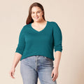 Amazon Essentials Women's Lightweight Long-Sleeve V-Neck Sweater Regular Teal Heather Small