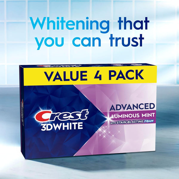 Crest 3D White Advanced, Teeth Whitening Toothpaste for Adults, 3.7 oz, 4 Pack, Cavity Protection Fluoride Toothpaste, Strengthens Enamel, Travel