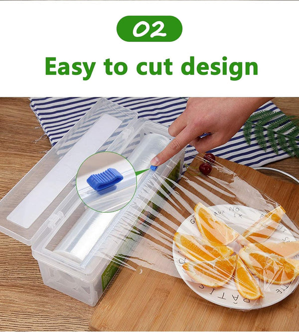 Household Reusable Refillable Plastic Wrap Dispenser with Slide Cutter, Food Wrap Stretch Clear Cling Wrap 12 Inch×328 Ft (1Cutting Box + 1 Cling