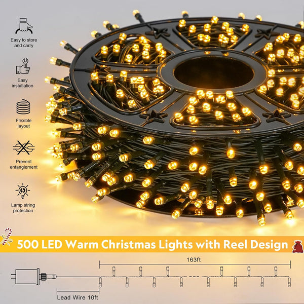 JMEXSUSS 500 LED Christmas Lights Outdoor, Classroom String Lights Plug in | 173ft, 8 Modes, Remote Control, Waterproof Warm White Christmas Tree