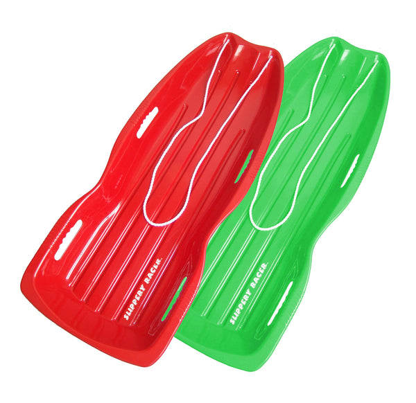 Slippery Racer Downhill Xtreme Flexible Adults and Kids Plastic Toboggan Snow Sled for up to 2 Riders with Pull Rope and Handles 2 PACK RED/GREEN