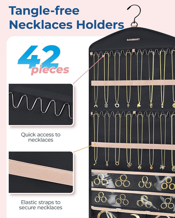 BAGSMART Hanging Jewelry Organizer with Hanger Metal Hooks Double-Sided Jewelry Holder for Organizing Earrings Necklaces Rings Perfect for in