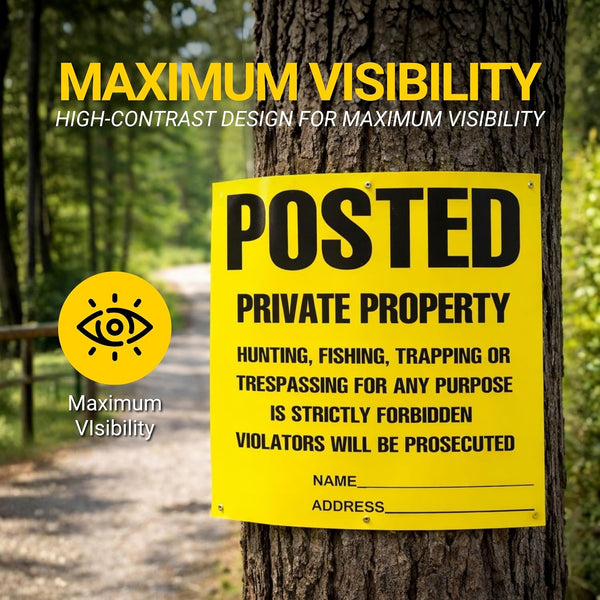 Posted Sign – No Hunting No Trespassing 11 x 11 Inch, Yellow Private Property Warning Signs, Outdoor Signs for Fence, Yard, Woods and Property