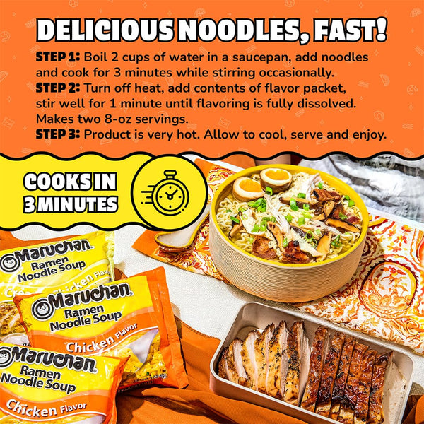 Maruchan Ramen Noodle Soup, Chicken Flavor – Japanese-Style Instant Noodles, Quick & Easy Meal for Kids, Students & Busy Families – 3 Oz. (24