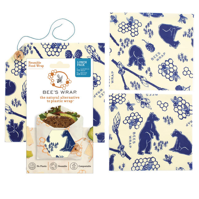 Bee'S Wrap Beeswax Wraps for Food - Bees + Bears 3 Pack (2M 1 Sandwich) Made in USA Reusable & Organic Food Wraps, Sandw