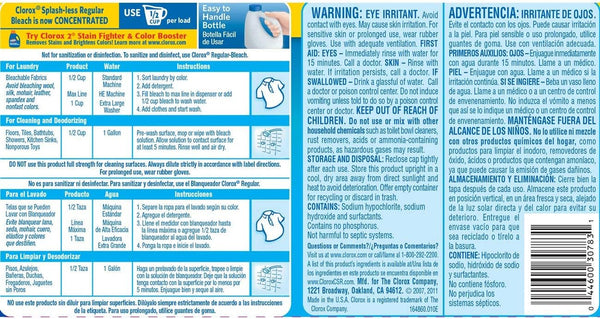 Clorox Splash-Less Bleach, Regular, 2 Pack of 55 Fl Oz Each/ 110 Ounces Total