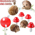 Queekay Resin Hedgehogs & Wood Mushroom Sculpture, Fairy Wild Garden Supplies, 6 Pieces, Red, Handmade Decor