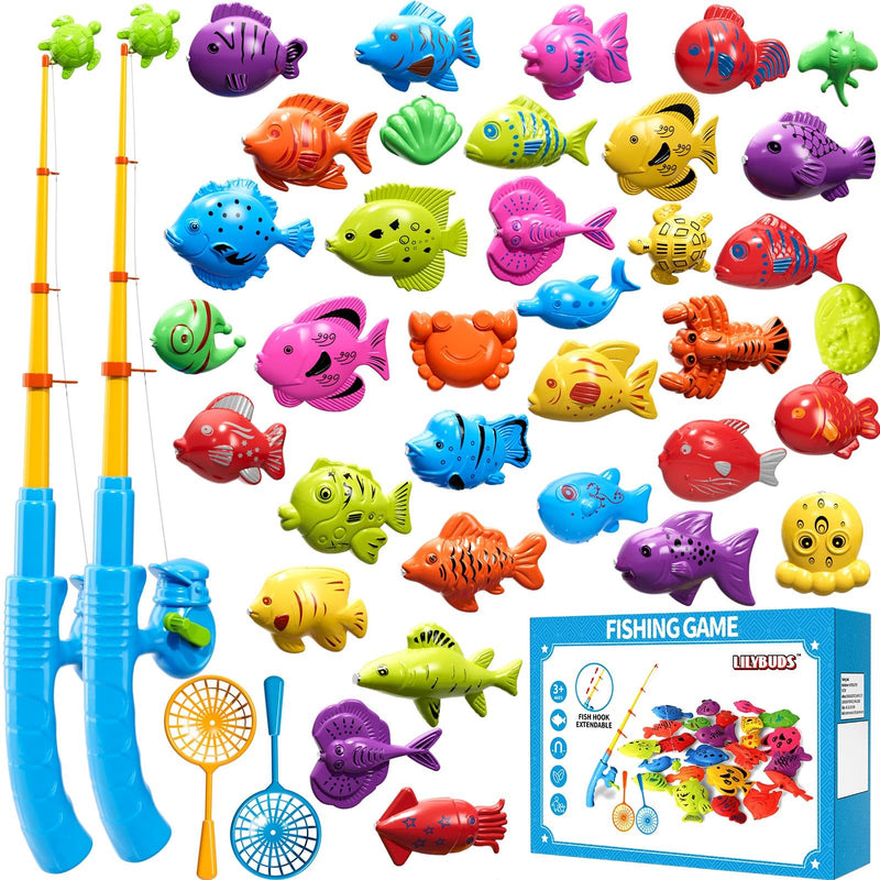 Magnetic Fishing Game Toys for Kids Toddlers 3-5 4-8, Water Table Bathtub Toys with Pole Rod Net Plastic Floating Fish, Water Bath Pool Outdoor