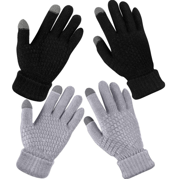 Geyoga 2 Pairs Women's Winter Touch Screen Gloves Soft Warm Fleece Lined Knit Elastic Cuff Winter Texting Gloves Black, Gray Solid