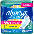 Always Ultra Thin Feminine Pads with Wings for Women, Size 1, Regular Absorbency, Unscented, Up to 100% Leak-Free Protection, 46 Count Size 1 46.0