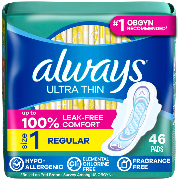 Always Ultra Thin Feminine Pads with Wings for Women, Size 1, Regular Absorbency, Unscented, Up to 100% Leak-Free Protection, 46 Count Size 1 46.0