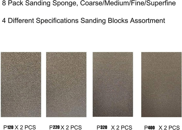 8 PCS Sanding Sponge Assortment, 2 PCS Each of 120 220 320 400 Grit -Coarse Medium Fine Hand Sanding Block Sandpaper Sponge for Metal Wood-Working