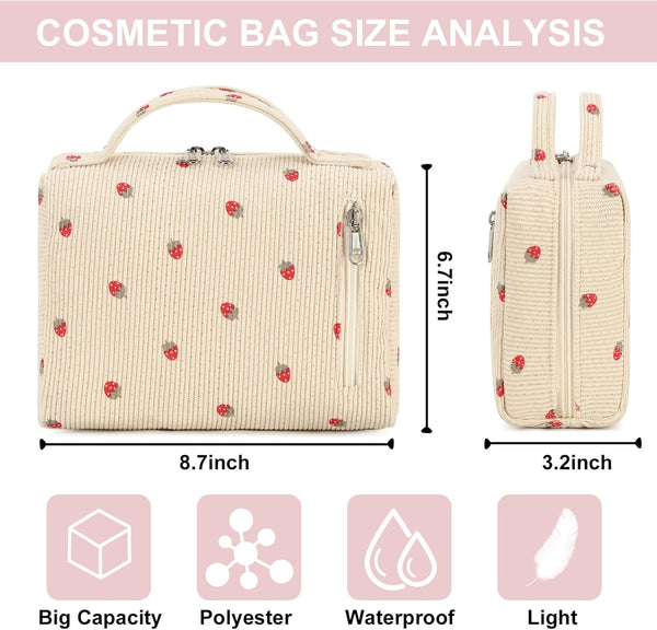 Bluboon Makeup Bag Zipper Pouch Travel Toiletry Bag Portable Cosmetic Bag Organizer for Women and Girls(Strawberry Corduroy Beige)
