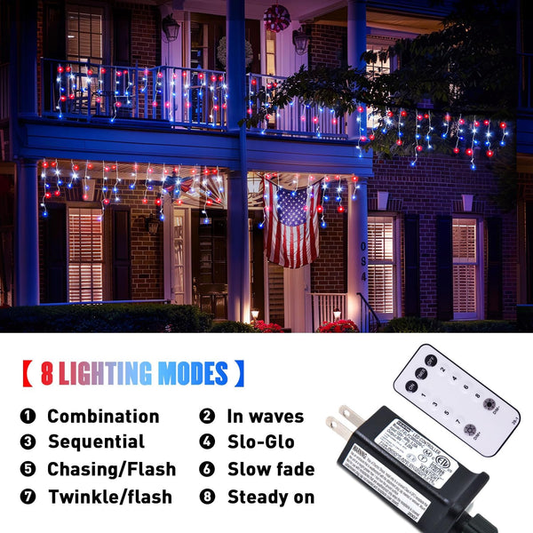 JMEXSUSS Icicle Lights for 4th of July Decor, 400 LED Red White and Blue | 38.8 Ft Icicle Lights for Outside, Independence Day Icicle String Light