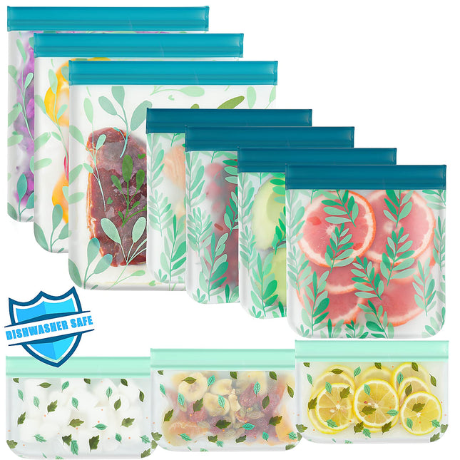10 Pack Dishwasher Safe Reusable PEVA Food Storage Bags, Leak proof Reusable Freezer Bags for Food Storage Home Organization Traval & Make-up BPA