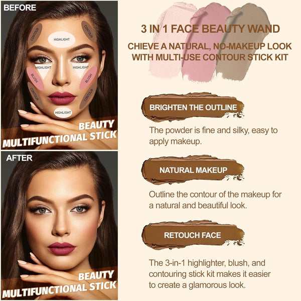 Lezero 3Pcs Contour Stick Makeup Kit, Shades with Highlighter, Blush and Bronzer Trio for Sculpt the Cheeks and Body, Long Lasting, Waterproof,