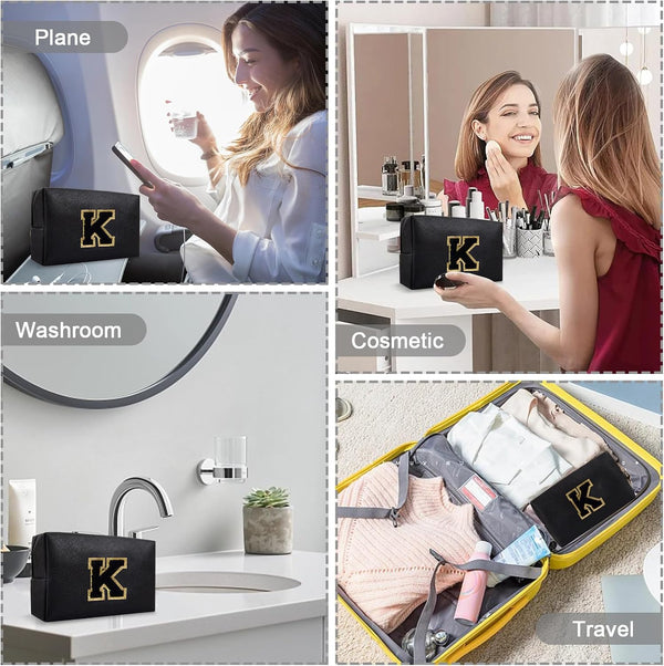 Personalized Small Preppy Makeup Bag, Chenille Letter Black Initial Cosmetic Zipper Pouch Toiletry Organizer, Waterproof PU Leather Make Up