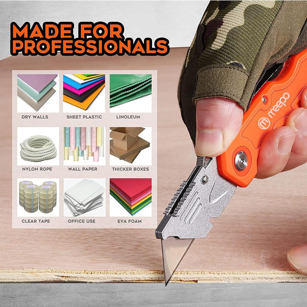 M MEEPO Box Cutter, 4-Pack Tough Folding Box Cutter for Heavy Duty Purpose, Razor Sharp Blade, Comfortable Handle, with Extra 10-Piece Blades, Can