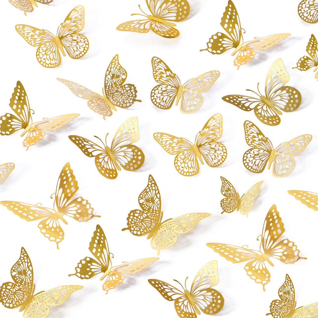 SAOROPEB 3D Butterfly Wall Decor - 48 Pcs, 4 Styles, 3 Sizes, Gold Butterfly Dec