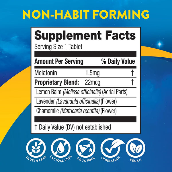 MidNite Back to Sleep Low Dose, 1.5 mg Melatonin Sleep Aid, Non-Habit Forming, Herbal Dietary Supplement for Adults, Drug-Free, Gluten-Free &