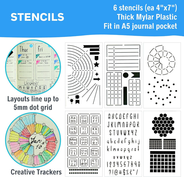 Ultimate Productivity Stencils & Stickers - X20 Sheets of Planner Stickers, X6 Stencils - Calendars, to Do Lists, Habit Trackers, Goals -