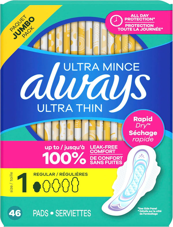 Always Ultra Thin Feminine Pads with Wings for Women, Size 1, Regular Absorbency, Unscented, Up to 100% Leak-Free Protection, 46 Count Size 1 46.0