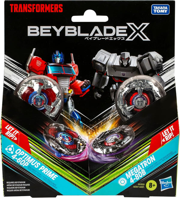 Beyblade X Transformers Collab Optimus Prime 4-60P vs. Megatron 4-80B Multipack Set with 2 Tops & 2 launchers; Battling Top Toys for 8 Year Old