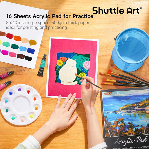 Shuttle Art 54 Pack Acrylic Paint Set, Acrylic Painting Set with 30 Colors Acrylic Paint, Wooden Easel, Painting Canvas, Paint Brushes, Palette,