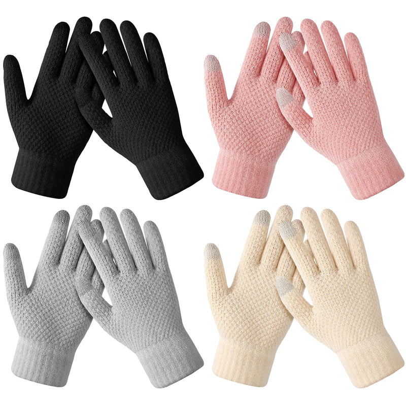 Winter Gloves - Women's Winter Gloves, Warm Touchscreen gloves Women Men, Knit gloves for Cold Weather 4 Pack, Black & Grey & Beige & Pink
