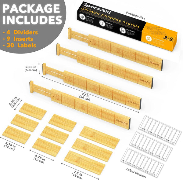 SpaceAid Bamboo Drawer Dividers with Inserts and Labels, Kitchen Adjustable Drawer Organizers, Expandable Organization for Home, Office, Dressers,