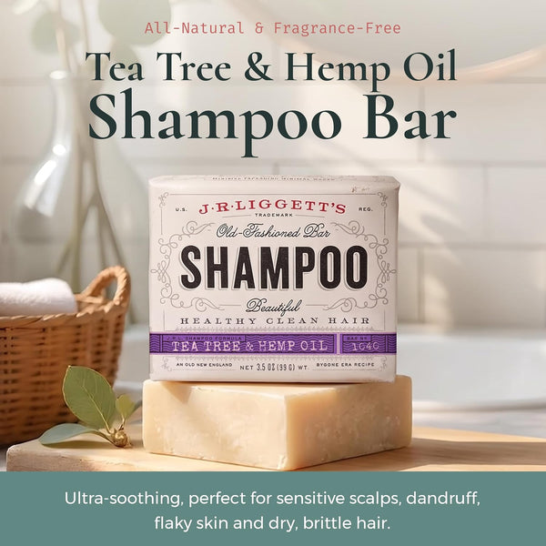 J.R.LIGGETT'S Shampoo Bar Tea Tree Formula, All-Natural Solid Hair Cleanser, Soothing Bar Shampoo with Tea Tree and Hemp Seed Oil for Dry,