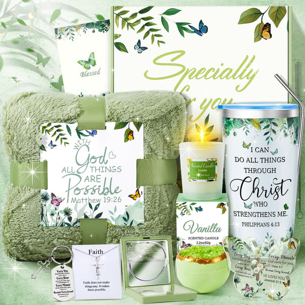 Fortuning's JDS 13PCS Christian Gifts for Women Faith- Inspirational Religious Catholic Gifts Basket, Green Self Care Package Get Well Soon