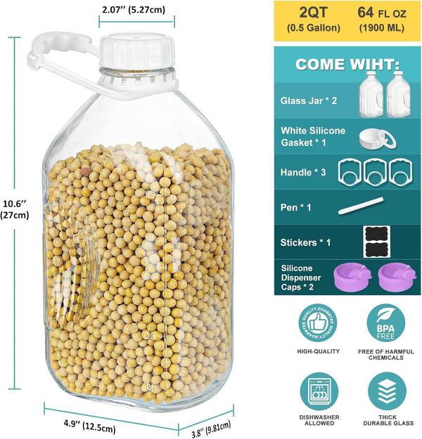2 Pack 64 Oz Heavy Duty Glass Milk Bottle with 1 Silicone Spout and 3 Reusable Airtight SCREW LID, 2 Qt Glass Water Bottle with 2 Exact Scale