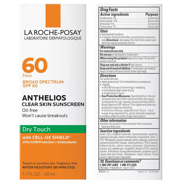 La Roche-Posay Anthelios Clear Skin Sunscreen Dry Touch SPF 60, Oil Free Sunscreen For Face, Oil Absorbing, Broad Spectr