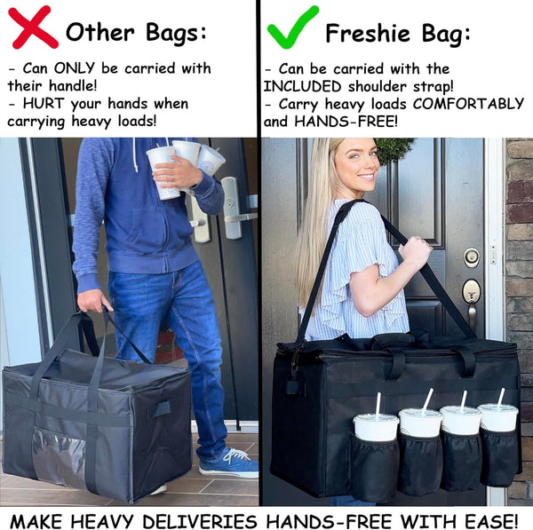 FRESHIE Insulated Food Delivery Bag with Cup Holders/Drink Carriers Premium, for Doordash, Uber Eats, Grubhub, Pizza Bag, Catering, Beverage,