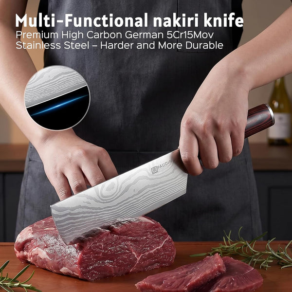 PAUDIN Nakiri Knife - 7" Razor Sharp Meat Cleaver and Vegetable Kitchen Knife, High Carbon Stainless Steel, Multipurpose Asian Chef Knife for Home