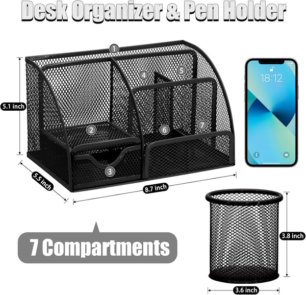 SYMDROMIA 13-in-1 Office Desk Organizer Set with Stapler and Tape Dispenser, Pen Holder, Scissors, Ruler, Hole Punch, 2 Pens & More Desktop