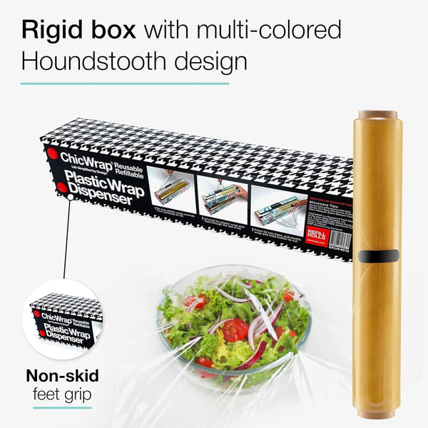 Chicwrap Houndstooth Refillable Plastic Wrap Dispenser - One 12" X 250' Roll of Professional Grade Plastic Wrap - BPA Free and Kosher Certified -