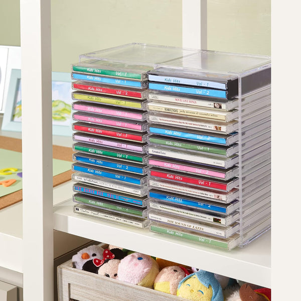 Stori Stackable Clear Plastic CD Organizer with Rubber Feet | Rectangular Jewel Cases Holder Perfect for Theatre Room | Holds up to 30 CD Cases |