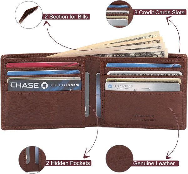Mens Slim Leather Bifold Wallet | RFID Blocking, 8 Credit Card Slots, 2 Sections for Bills & 2 Additional Slots Gift for Him (Choco)